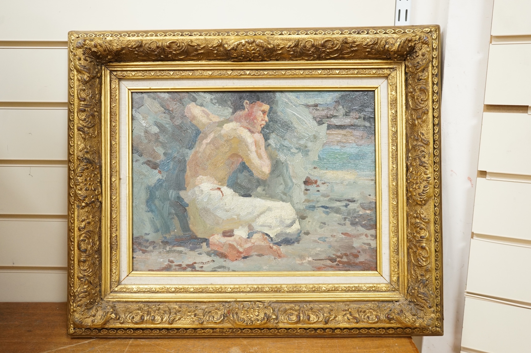 Manner of Henry Scott Tuke RA RWS (1858-1929), Impressionist study of a crouching boy, oil on board, unsigned, 29 x 39cm, ornate gilt frame